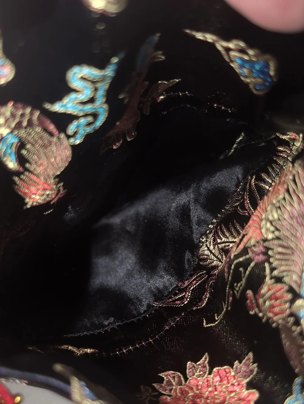 Silk Embroidered Black Drawstring Long Pouch